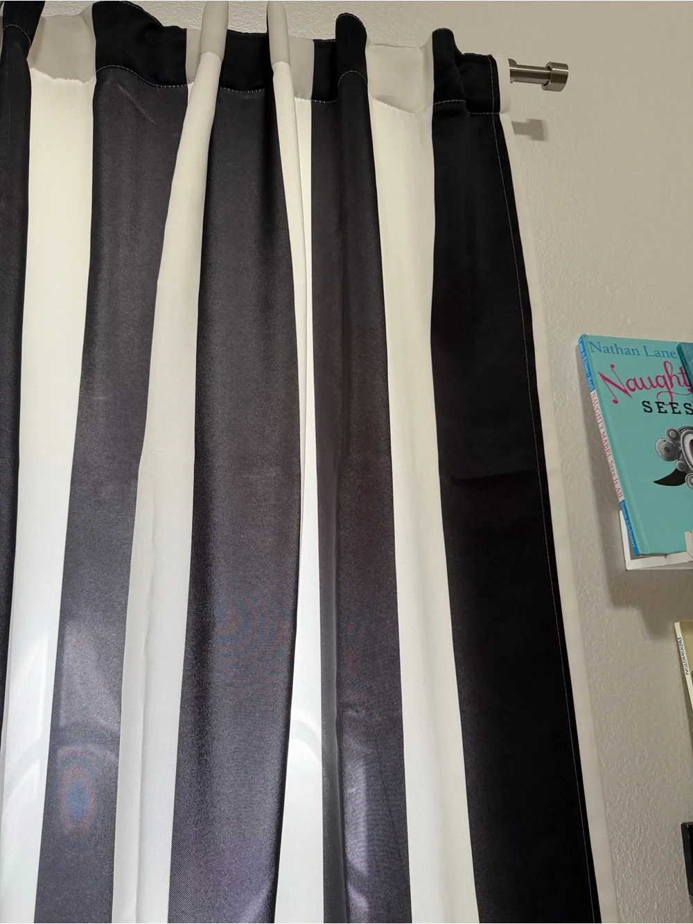 Half Moon Pair of Black and White Vertical Stripe Panel Curtains 52 x 84